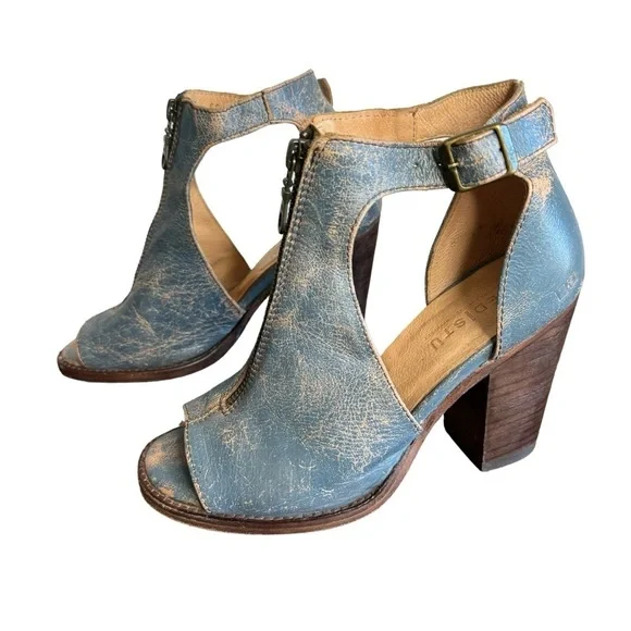 Bed Stu blue Olena zip front peep toe block heels SZ. 6 - Picture 3 of 15